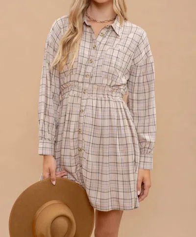 Blu Pepper Plaid Collared Long Sleeve Mini Dress In Beige