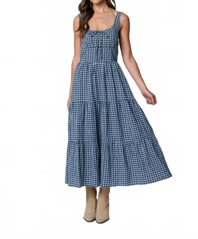 Blu Pepper Plaid Front Tie Corset Detail Midi Dress In Navy In Blue