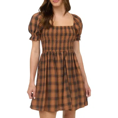 Blu Pepper Plaid Puff Sleeve Smocked Fit & Flare Minidress In Brown