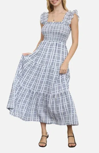 Blu Pepper Plaid Ruffle Smocked Fit & Flare Midi Dress In Blue