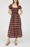 Blu Pepper Plaid Tiered Midi Dress In Brown