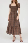 Blu Pepper Plaid Tiered Midi Dress In Brown
