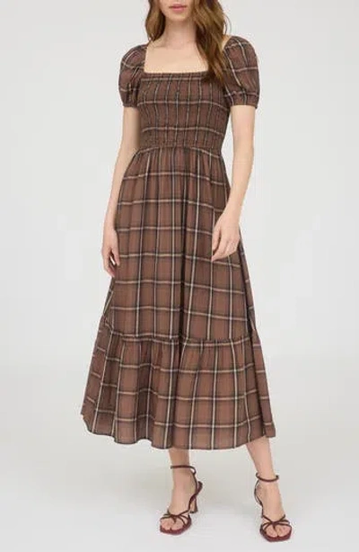 Blu Pepper Plaid Tiered Midi Dress In Brown