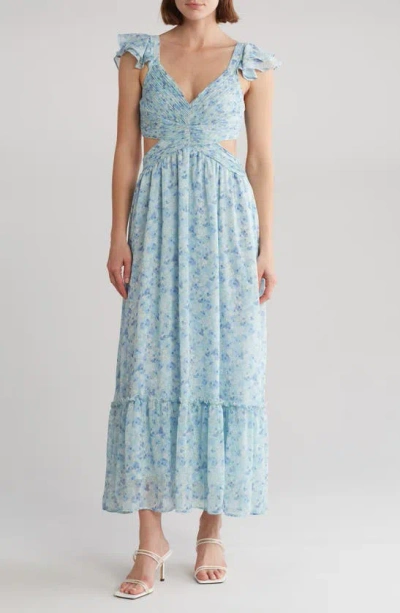Blu Pepper Pleated Cutout Midi Dress In Blue Multi