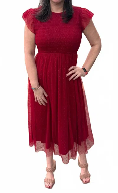 Blu Pepper Polka Dot Chiffon Smocked Midi Dress In Red