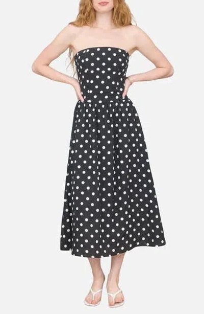 Blu Pepper Polka Dot Strapless Midi Dress In Black