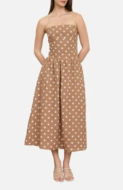 Blu Pepper Polka Dot Strapless Midi Dress In Brown