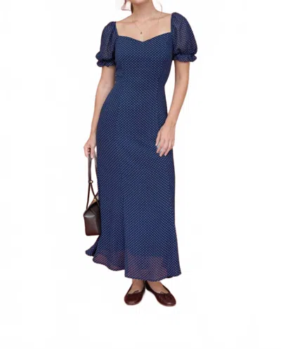 Blu Pepper Polka Dot Sweetheart Puff Sleeve Mesh Midi Dress In Navy In Blue