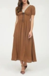 Blu Pepper Puff Sleeve A-line Midi Dress