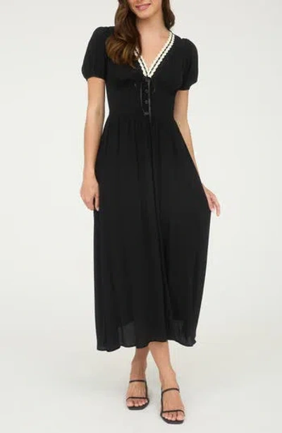 Blu Pepper Puff Sleeve A-line Midi Dress In Black