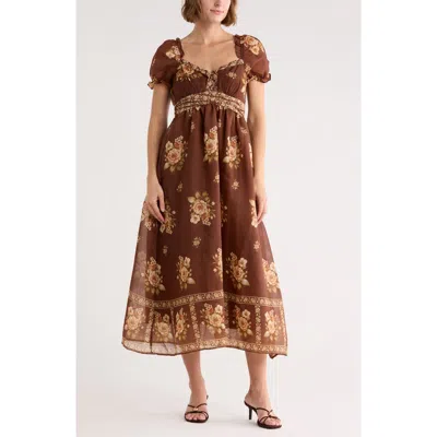 Blu Pepper Puff Sleeve Chiffon Midi Dress In Brown