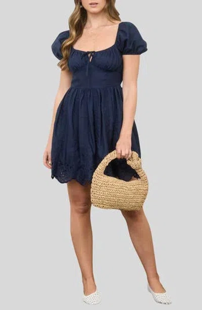 Blu Pepper Puff Sleeve Embroidered Eyelet Minidress In Blue