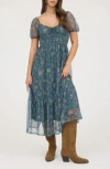 Blu Pepper Puff Sleeve Midi Dress In Blue
