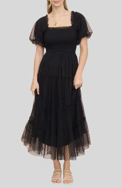 Blu Pepper Puff Sleeve Midi Dress In Black