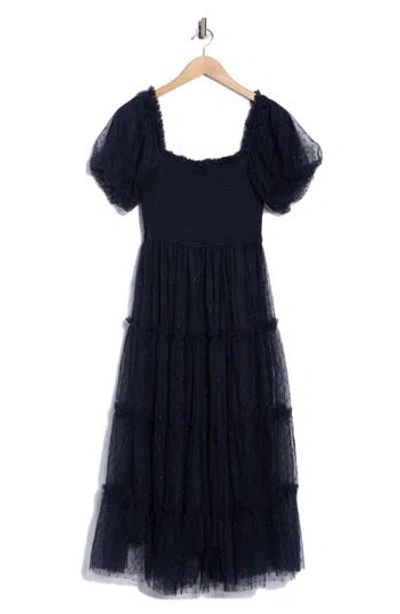 Blu Pepper Puff Sleeve Midi Dress In Blue