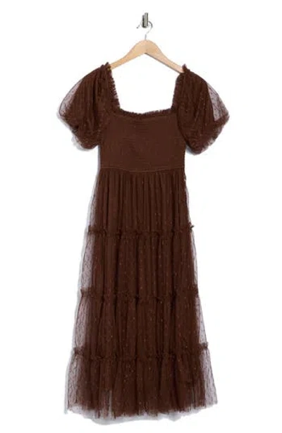 Blu Pepper Puff Sleeve Midi Dress In Brown