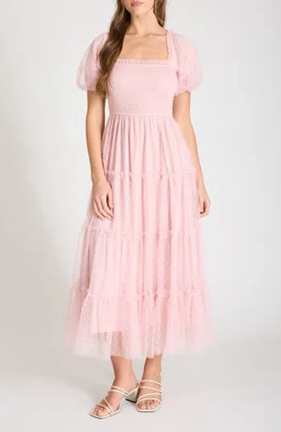 Blu Pepper Puff Sleeve Midi Dress In Pink