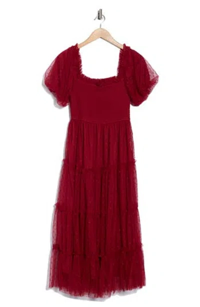 Blu Pepper Puff Sleeve Midi Dress In Red
