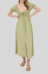 Blu Pepper Puff Sleeve Smocked Midi Dress In Green