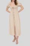 Blu Pepper Puff Sleeve Smocked Midi Dress In Nude