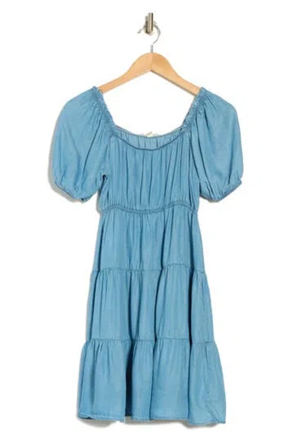 Blu Pepper Puff Sleeve Tiered Dress In Chambray