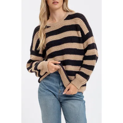 Blu Pepper Relaxed Stripe Pullover Sweater In Taupe