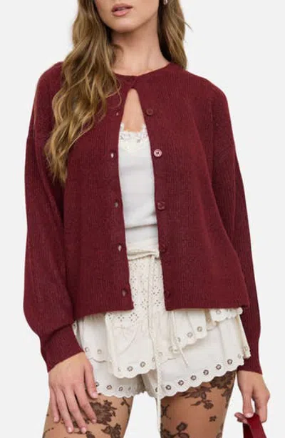 Blu Pepper Ribbed Crewneck Cardigan In Burgundy