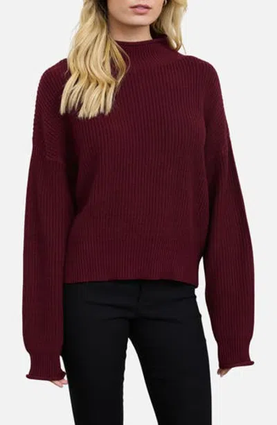 Blu Pepper Ribbed Mock Neck Cropped Sweater In Burgundy