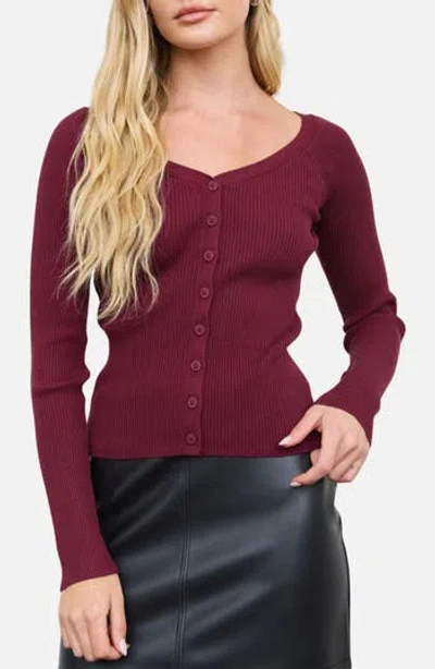 Blu Pepper Ribbed Scoop Neck Cardigan In Burgundy