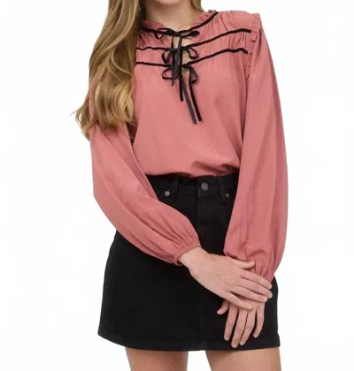 Blu Pepper Ribbon Bow Tie Yoke Long Sleeve Top In Terracotta In Pink