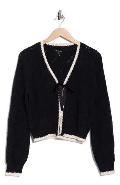 Blu Pepper Ribbon Tie Front Pointelle Cardigan In Black