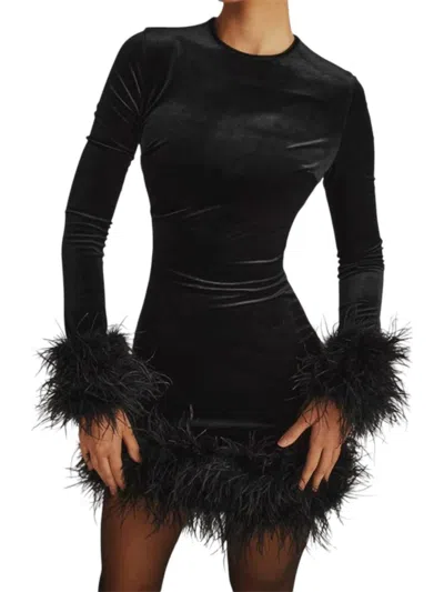Blu Pepper Round Neck Long Sleeve Feather Mini Dress In Black
