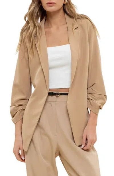 Blu Pepper Ruched Sleeve Blazer In Khaki