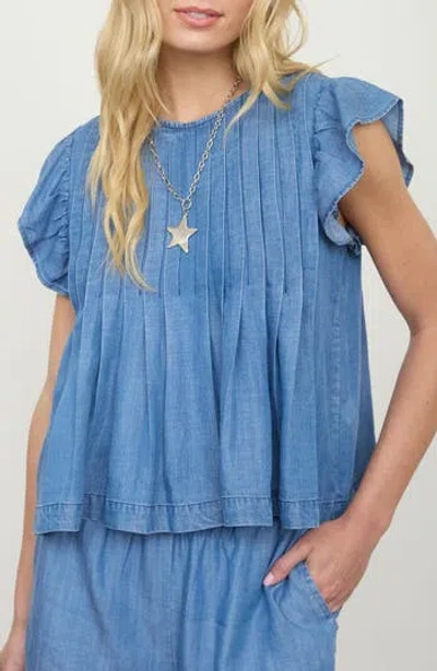 Blu Pepper Ruffle Cap Sleeve Chambray Babydoll Top In Blue