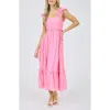 Blu Pepper Tie Shoulder Smocked Midi Sundress In Pink