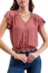 Blu Pepper Scallop Lace Trim Back Tie Short Sleeve Crop Top In Dusty Mauve In Pink