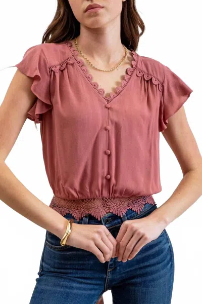 Blu Pepper Scallop Lace Trim Back Tie Short Sleeve Crop Top In Dusty Mauve In Pink