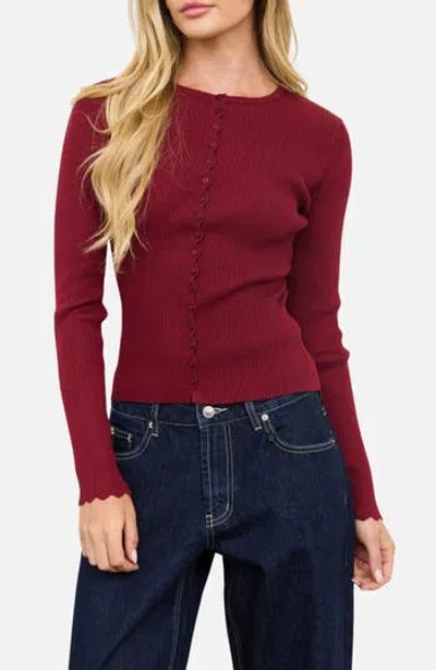 Blu Pepper Scalloped Rib Cardigan In Burgundy