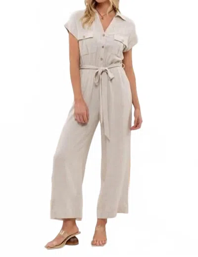 Blu Pepper Short Sleeve Button Down Jumpsuit In Natural In Gray