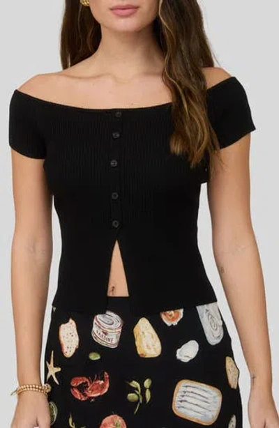 Blu Pepper Short Sleeve Button Front Rib Knit Top In Black