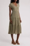 Blu Pepper Short Sleeve Faux Button Midi Dress In Dark Olive