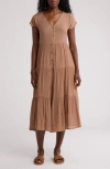 Blu Pepper Short Sleeve Faux Button Midi Dress In Mocha