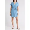 Blu Pepper Short Sleeve Tie Waist Chambray Minidress In Chambray