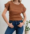 Blu Pepper Short Tab Lace Trim Crinkle Knit Blouse In Cinnamon In Brown