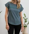 Blu Pepper Short Tab Lace Trim Crinkle Knit Blouse In Teal In Blue