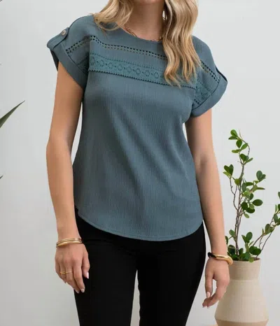 Blu Pepper Short Tab Lace Trim Crinkle Knit Blouse In Teal In Blue