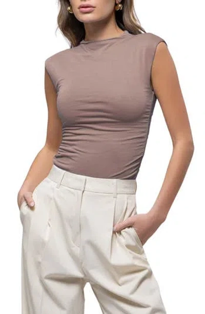 Blu Pepper Side Ruched Cap Sleeve Top In Taupe