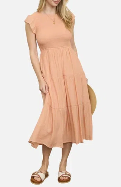 Blu Pepper Smocked Cap Sleeve Tiered Midi Dress In Pink