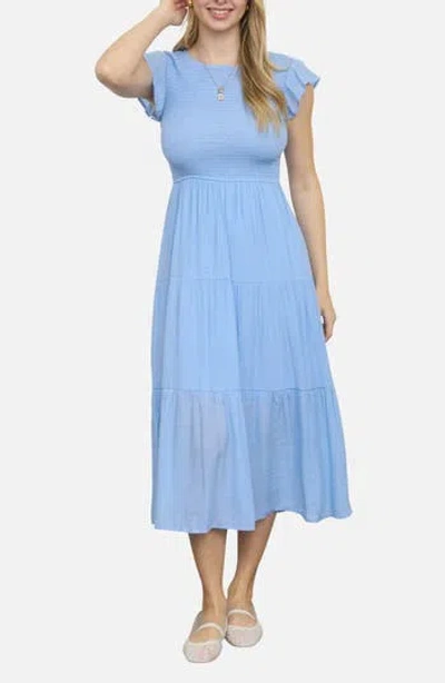 Blu Pepper Smocked Cap Sleeve Tiered Midi Dress In Blue