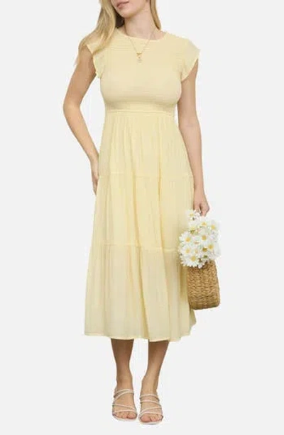 Blu Pepper Smocked Cap Sleeve Tiered Midi Dress In Yellow